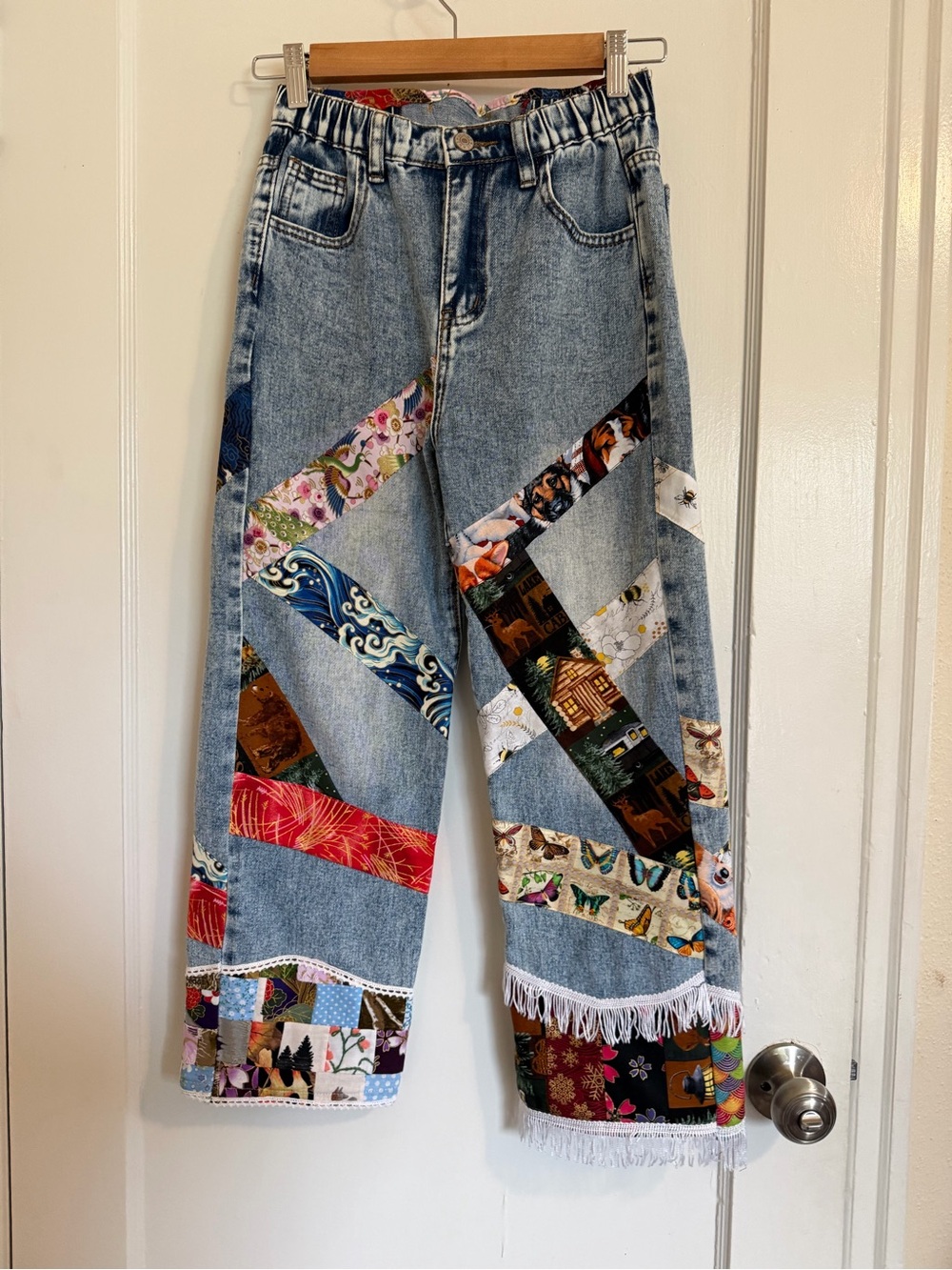 Handmade Patchwork Accent Light Blue Denim Jeans Size 10Y